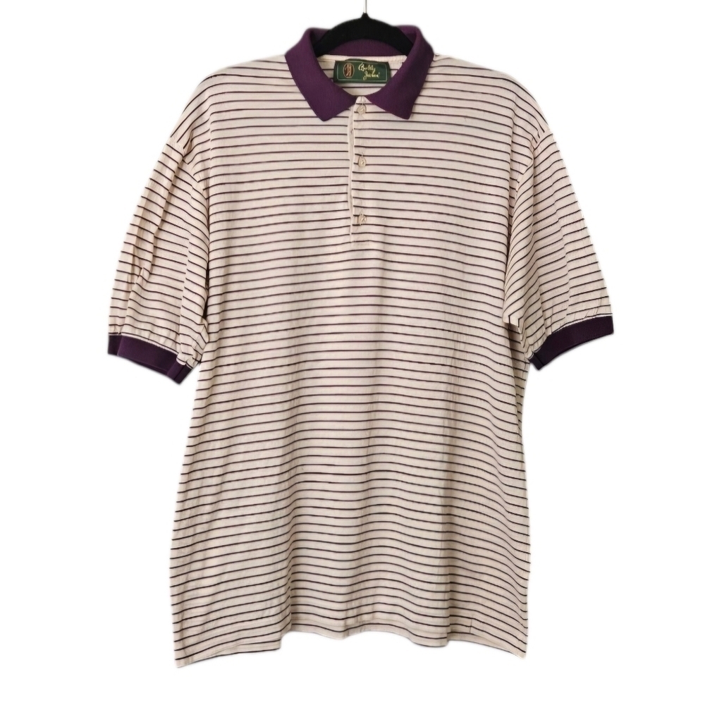 🔥Vintage Bobby Jones Cotton Cream & Purple Striped Golf Polo Shirt Size XL